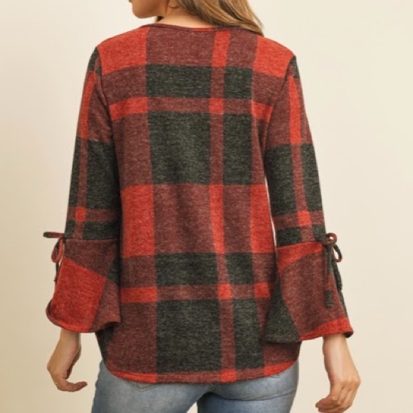 Red & Black Plaid Bell Sleeve Top - Picture 2 of 3
